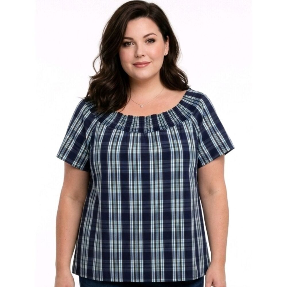 Talbots Navy Blue Plaid Smocked Neck Short Sleeve Blouse Size 1X